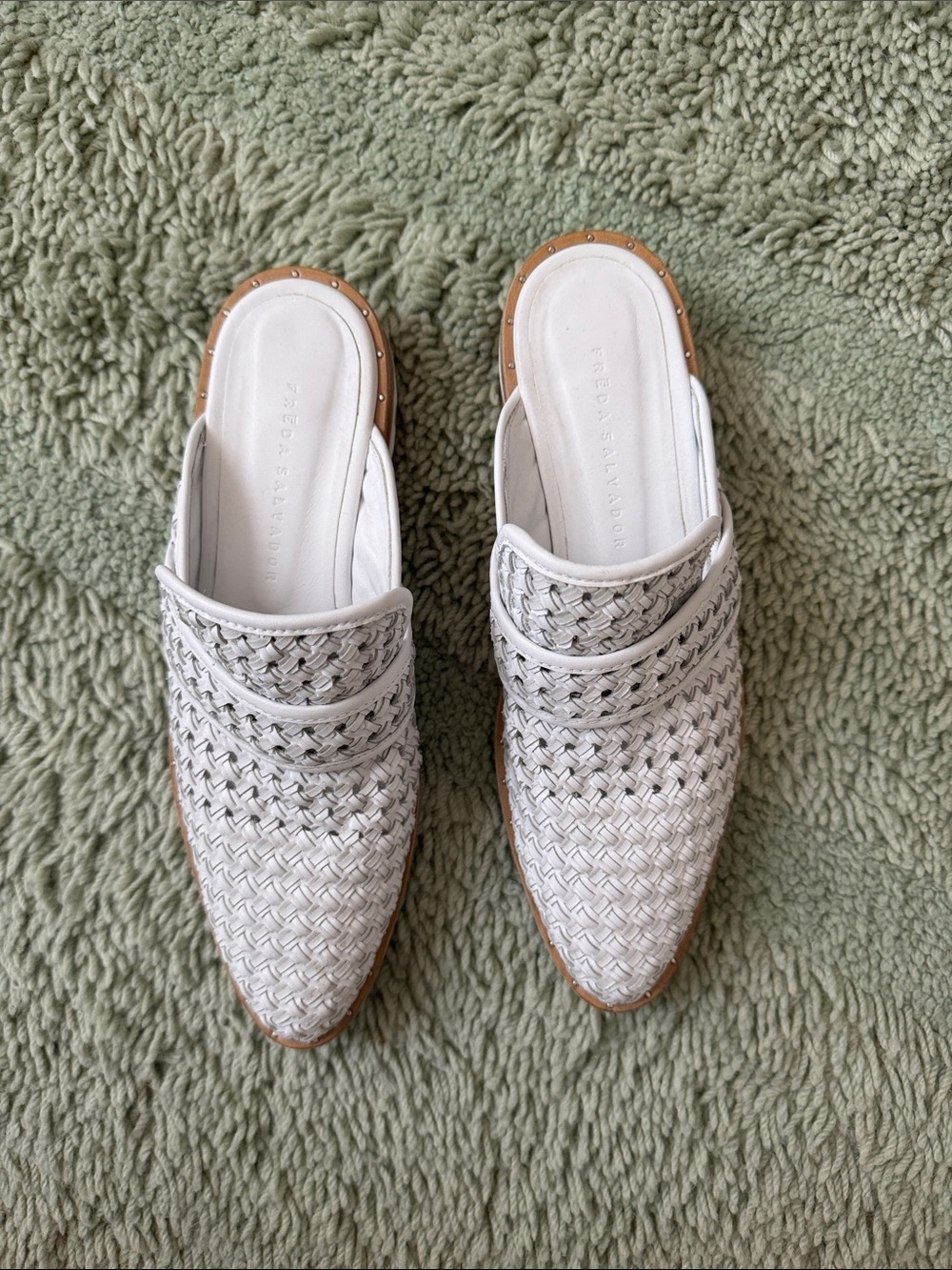 Freda Salvador White Woven Pointed Backless Mules